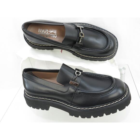 FERRAGAMO IGNAZIO BLACK LEATHER GANCIO BIT LOGO LUG PLATFORM LOAFERS 11.5 M - Picture 10 of 14